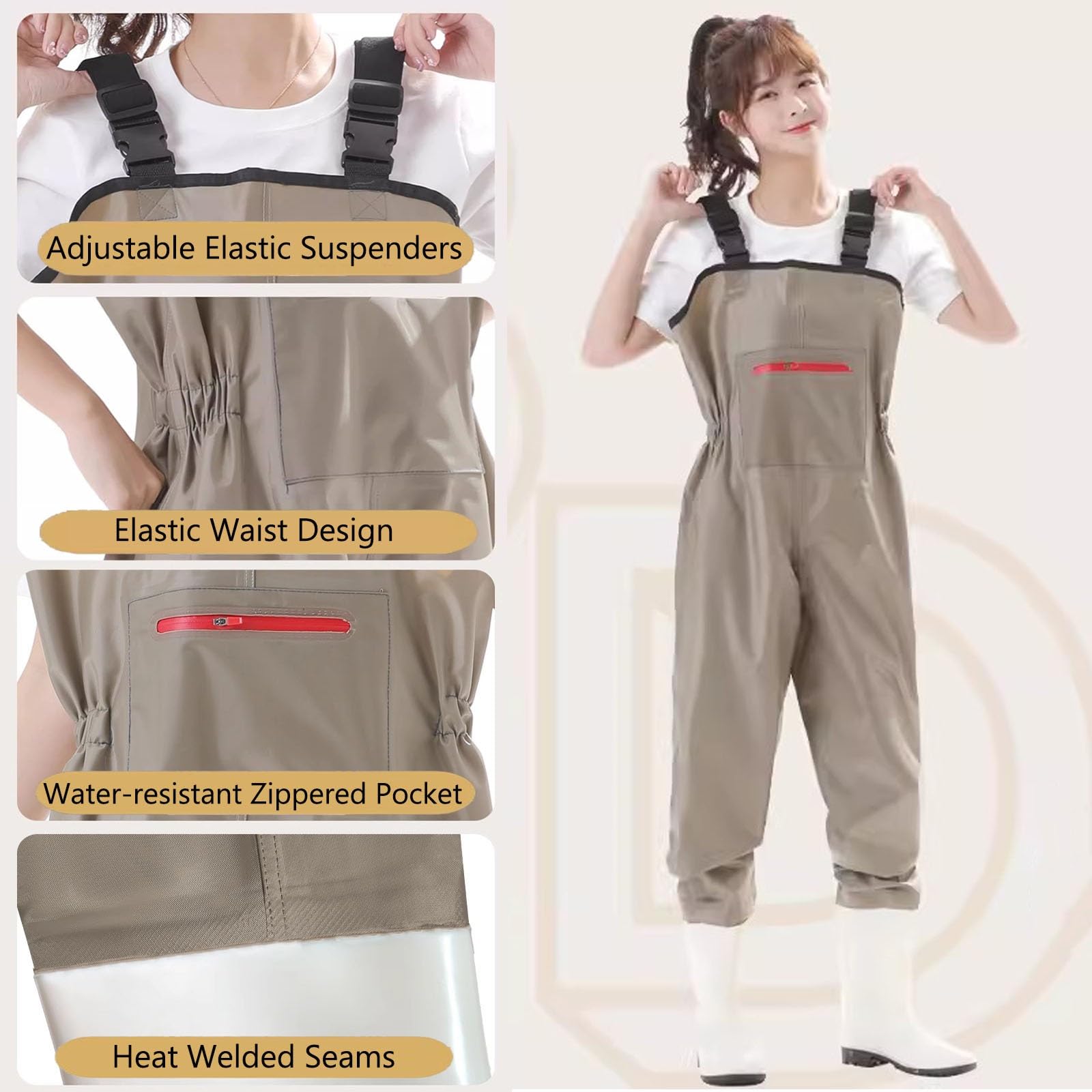 Wodery PVC do połowy uda, Wodery wędkarskie Khaki, rozmiary 4,5-6,5