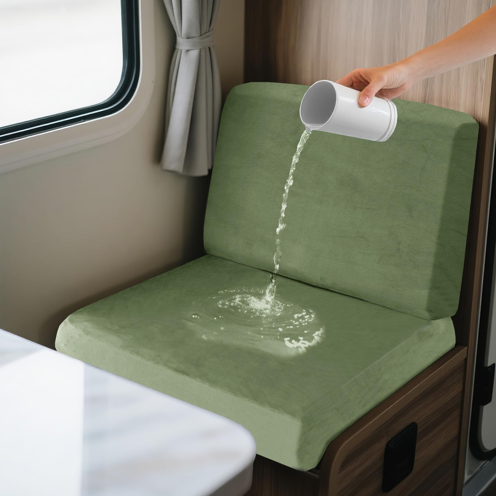 SYLC 2 Piece Waterproof Caravan Seat Covers and Backrest Cover, Non-slip Motorhome Dinette Cushion Covers with Ties, Stretch Campervan Seat Covers Velvet (Mint green,Square S)