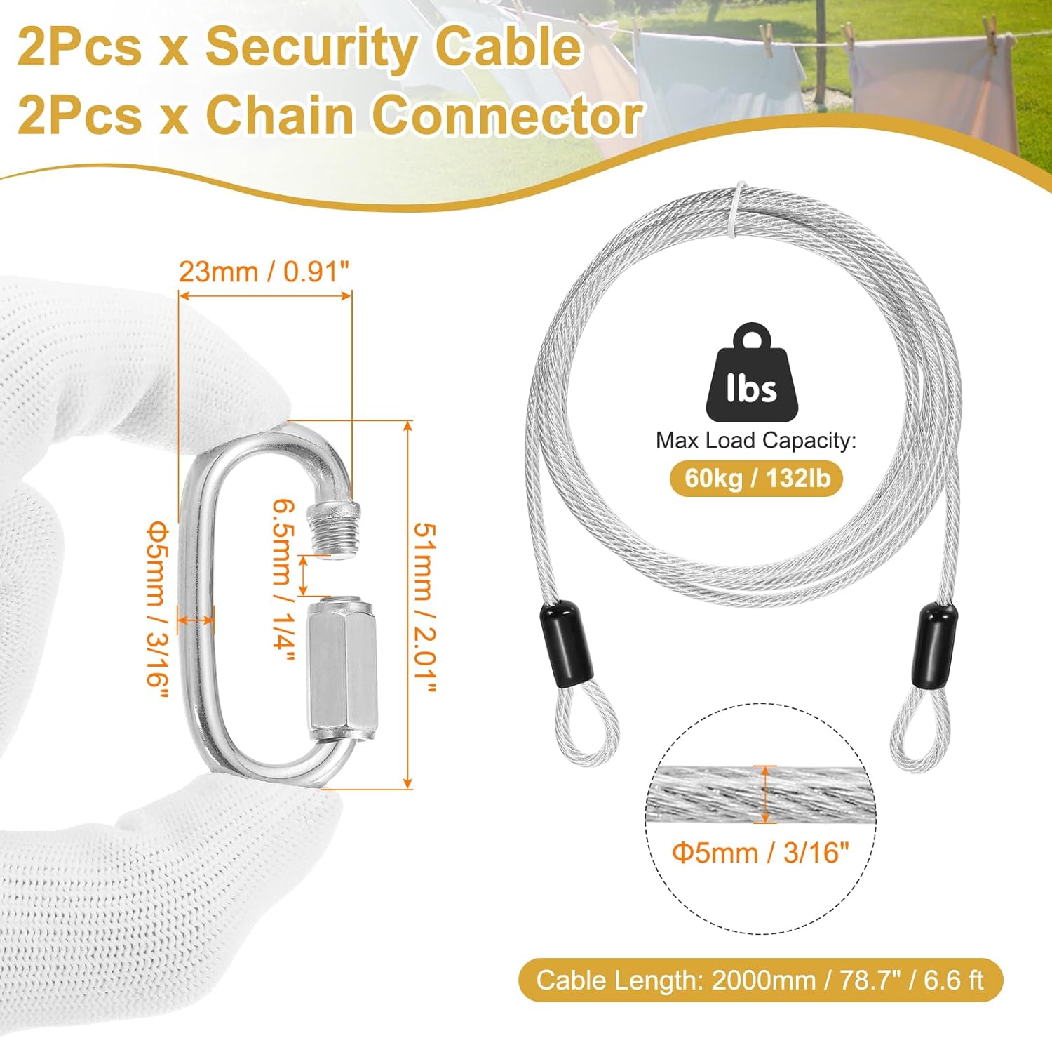 PATIKIL Security Cable Lock (3/16" Dia 6.6ft, Clear)(2 Set) Vinyl Coated 304 Stainless Steel Double Loop Flexible Wire Rope Safety Cable with Quick Links Locking Connectors