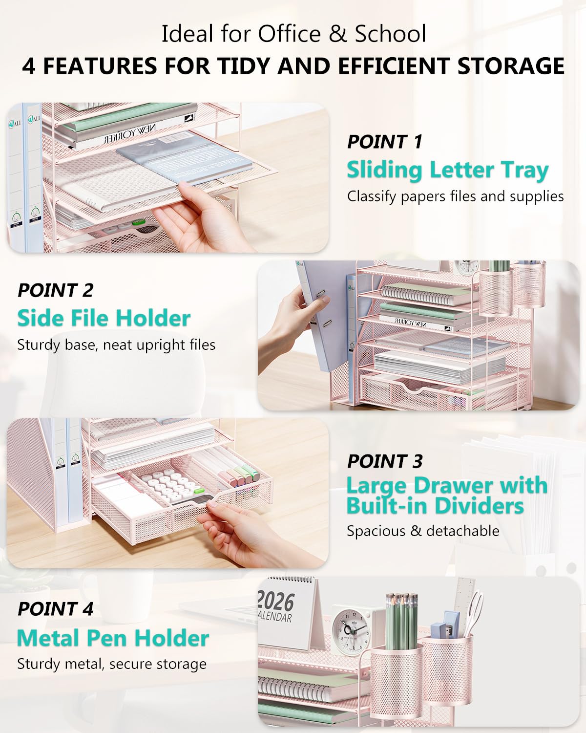 WALI Desk File Organizer, 6 Tier Desktop Paper Letter Tray Organizer with Drawer and 2 Pen Holders, Office Desk Accessories & Workspace Organizers for Office, Home Supplies(DO007DH-P), 1 Pack, Pink view 4
