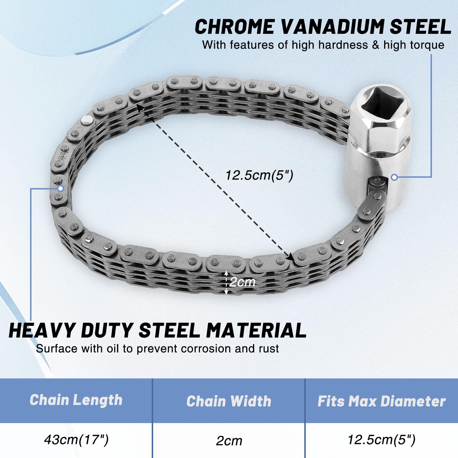 Tongze Adjustable Oil Filter Chain Wrench: Fits Max for 5 Inches(125mm) Oil Fuel Filter, Heavy Duty Pipe Wrench Spanner Automotive Repairing Removal Tool