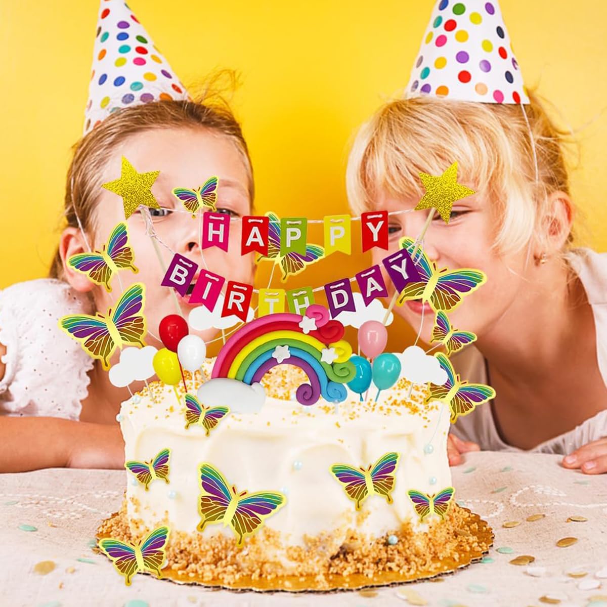 HASTHIP® 23 Pcs Happy Birthday Cake Topper with Butterfly, Rainbow, Banner for Birthday - Party Decoration, Reusable Cake Decorating Kit for Husband, Girl, Kids Birthday Celebration 1