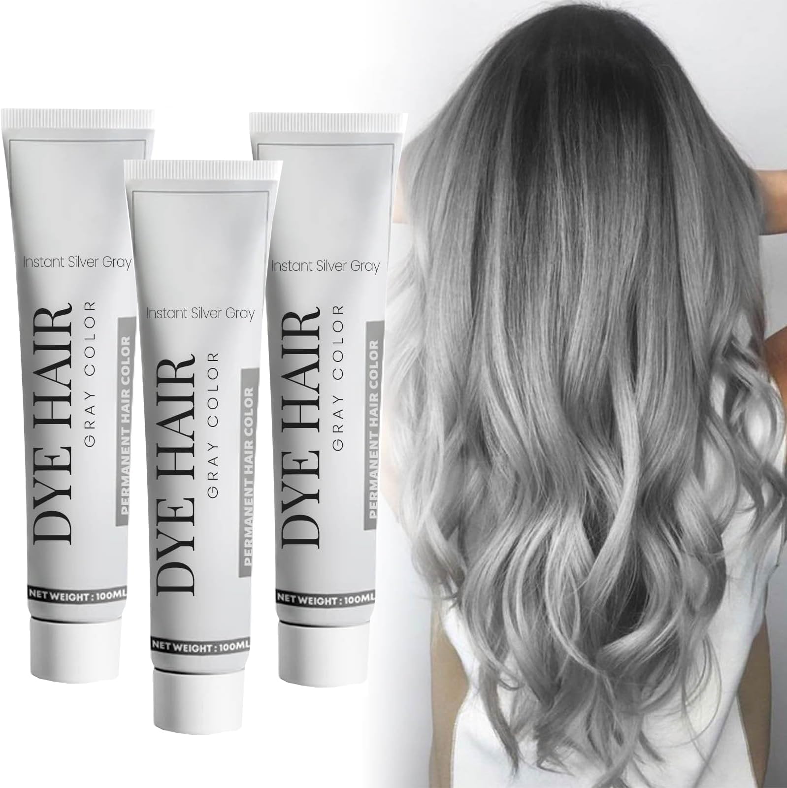 Natural Grey Hair Dye Cream, Unisex Light Grey Silver Hair Dye, Instant Non-Damaging Dye for All Hair Types, Easy to Apply and Clean (3 x 100ml)