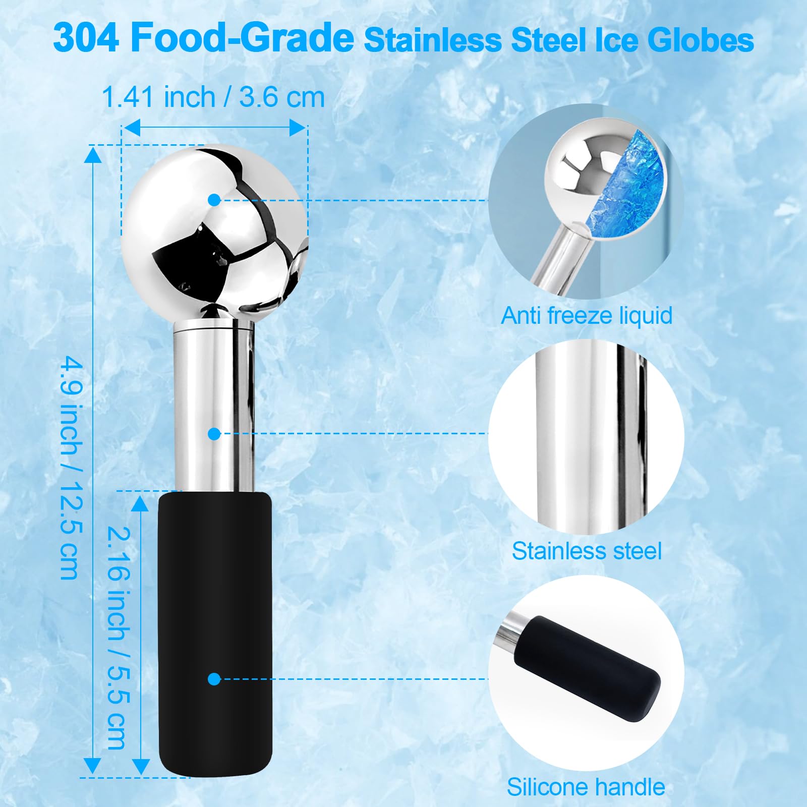CGBE 2Pcs Facial Ice Globes, Globes de Glace en Acier Inoxydable pour Masser Visage, Boules Refroidissement de Massage Faciales, Réduit Les Cernes et Les Poches, Améliore la Circulation Sanguine