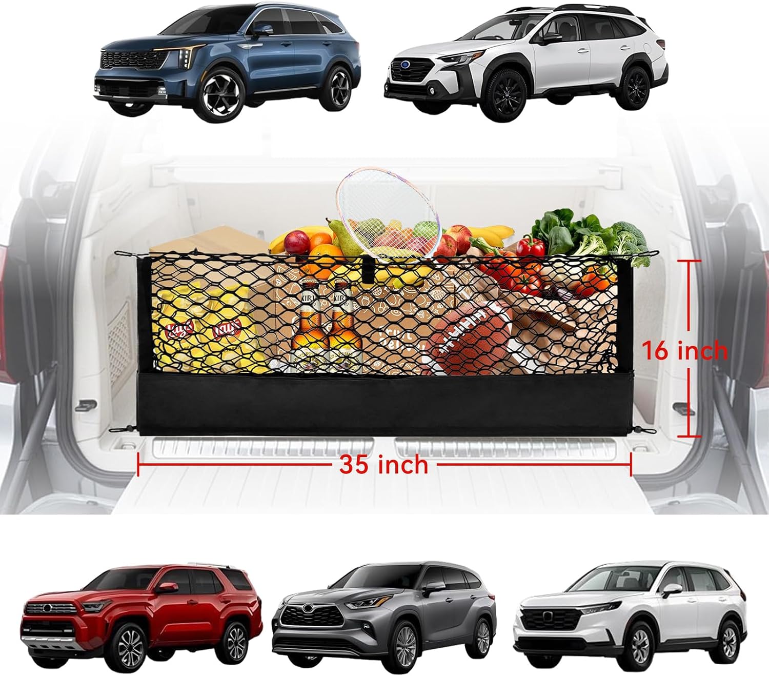 Universal Envelope Cargo Net for SUV Trunk Car, High Elastic with Bottom Storage Organizer & Hooks 35.4" x 15.7"
