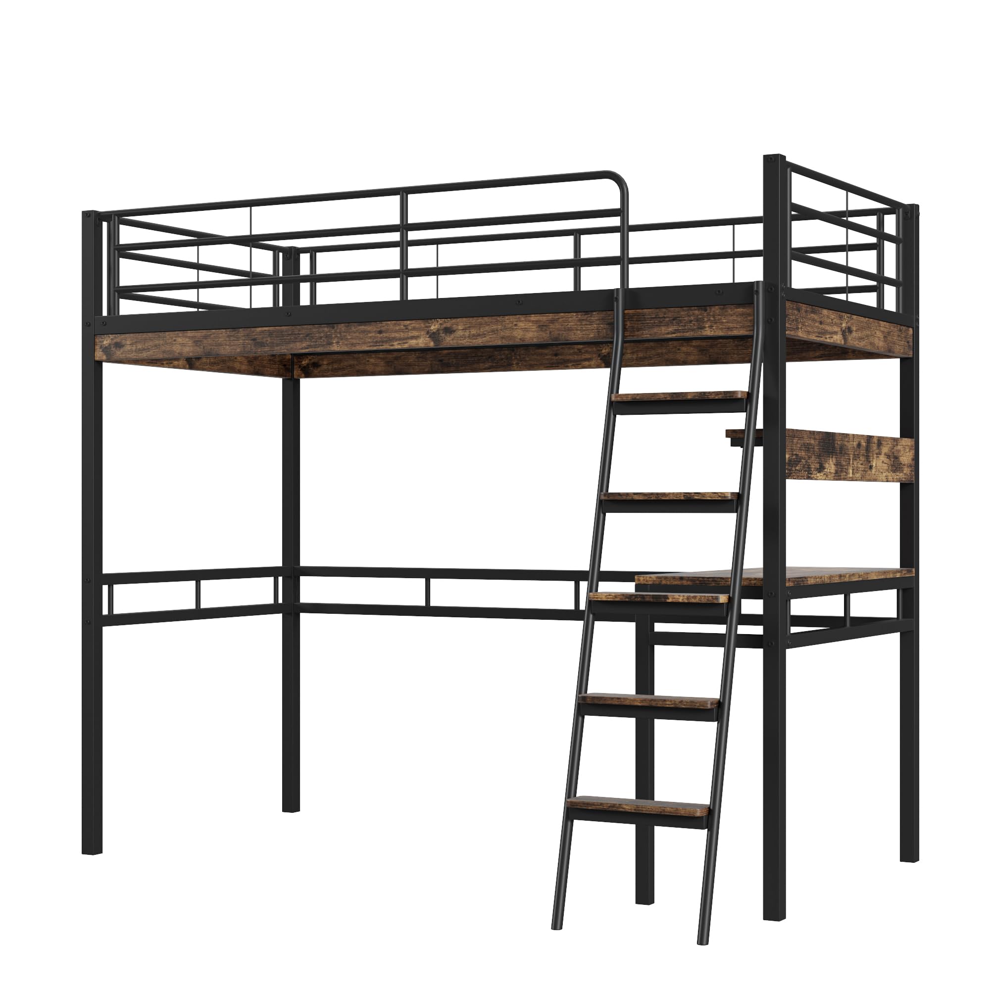 Moimhear Letto a soppalco, 90x200 cm, senza materasso, letto con scrivania, ripiani, ringhiera, scala, struttura in ferro, nero