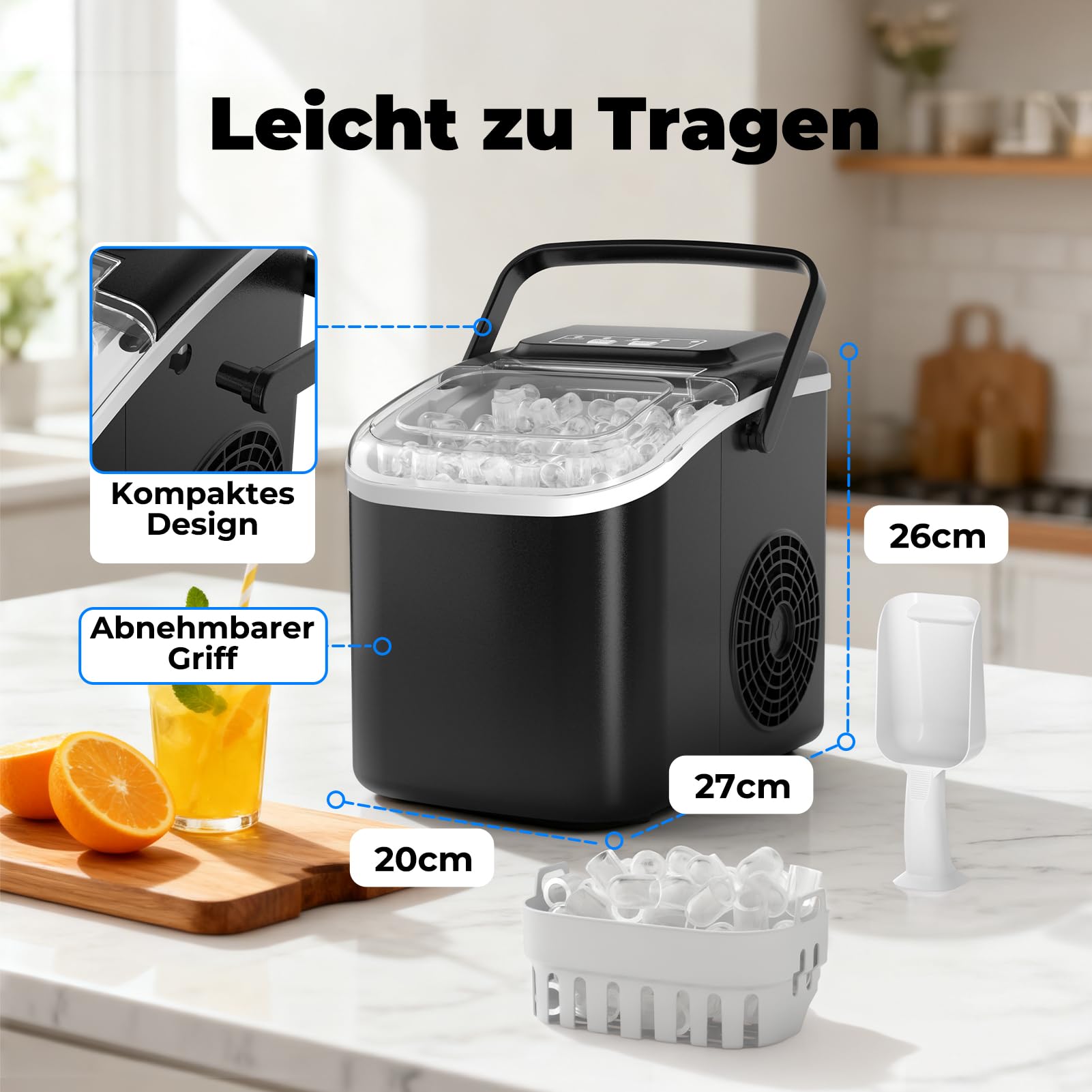Eiswürfelmaschine 12KG/24H, Selbstreinigend Eiswürfelmaschine Klein, Ice Maker mit Griff-Eiswürfelkorb/Schaufel, 8 Eiswürfel in 6-8 Minuten, für Küche/Büro/Party/Büro RV, Schwarz