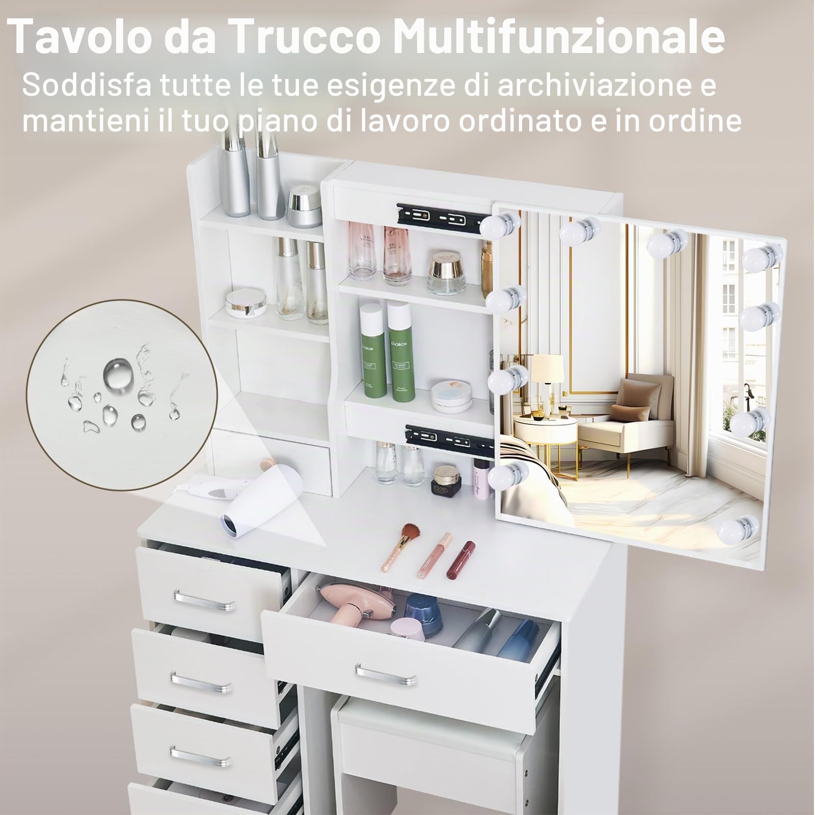 Tavolo da toeletta con 10 luci LED regolabili, specchio, 6 cassetti e 3 ripiani aperti per la camera da letto (manico argentato)