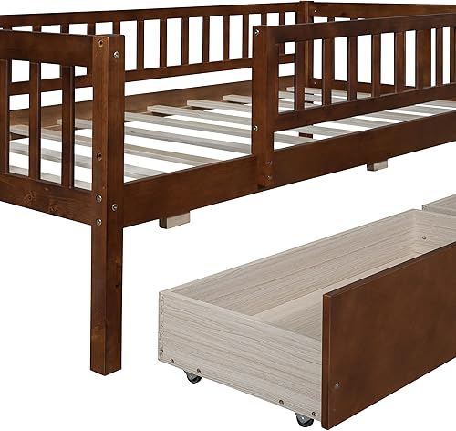 Miniatura 8 de Harper & Bright Designs Cama individual diurna con dos cajones, marco de cama tamaño individual de madera con barandas en forma de valla y