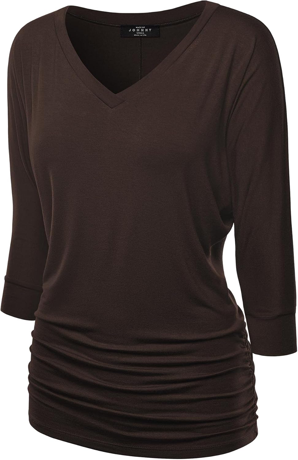 Made By Johnny Women’s Casual Boat Neck and V-Neck 3/4 Sleeve Draped Dolman Top with Side Shirring Premium Shirt