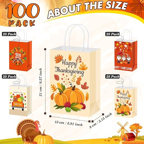 Miniatura 3 de Cholemy 100 bolsas de regalo de Acción de Gracias con asas, bolsas de regalo de otoño, calabaza, pavo, bolsas de papel de agradecimiento para