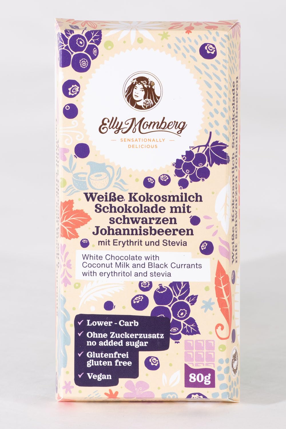 Kokosmilchschokolade (10 er, Weiße Schokolade mit Schwarzen Johannisbeeren)