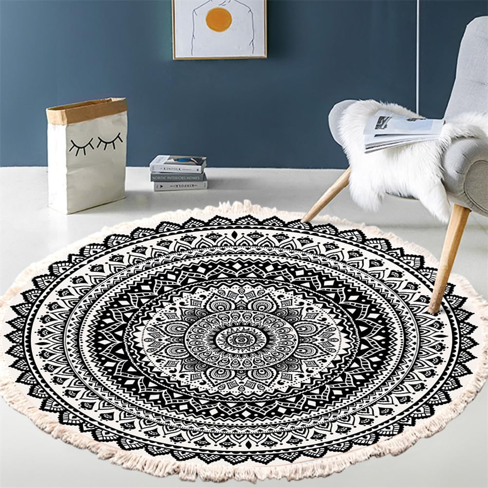 Tapis Rond en Coton Tressé Bohème Tapis avec Franges Mandala Motif Antidérapant Tapis Décoration du Sol pour Chambre à Coucher, Couloir, Salon (150 cm,Noir 2)