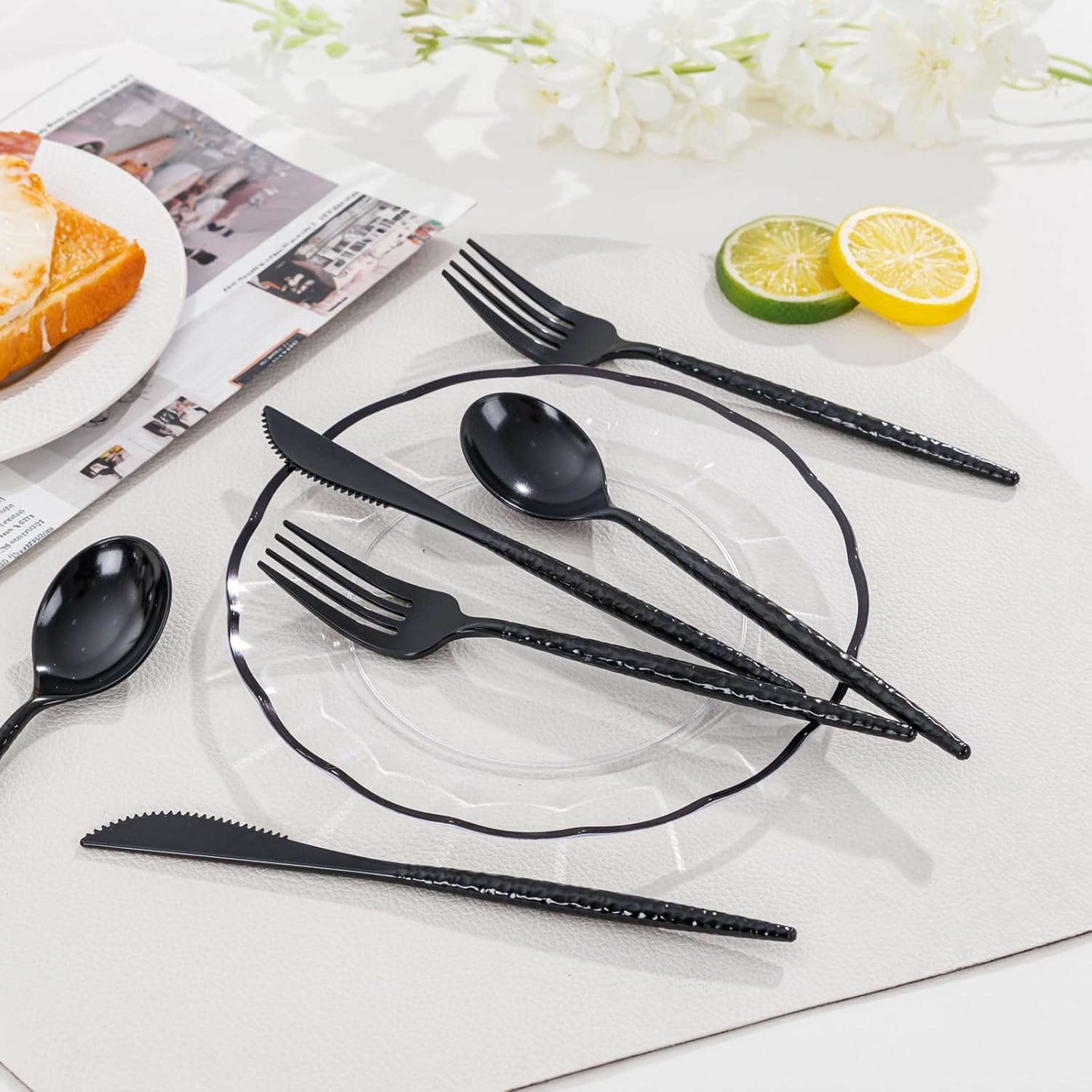 Supernal 360Pcs Black Plastic Silverware Heavy Duty Disposable Cutlery with Hammered Design,Black Utensils Set Include 120 Knives,120 Forks and 120 Spoons Suitable for Party,Anniversary&Halloween