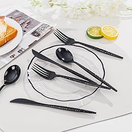 Supernal 360Pcs Black Plastic Silverware Heavy Duty Disposable Cutlery with Hammered Design,Black Utensils Set Include 120 Knives,120 Forks and 120 Spoons Suitable for Party,Anniversary&Halloween