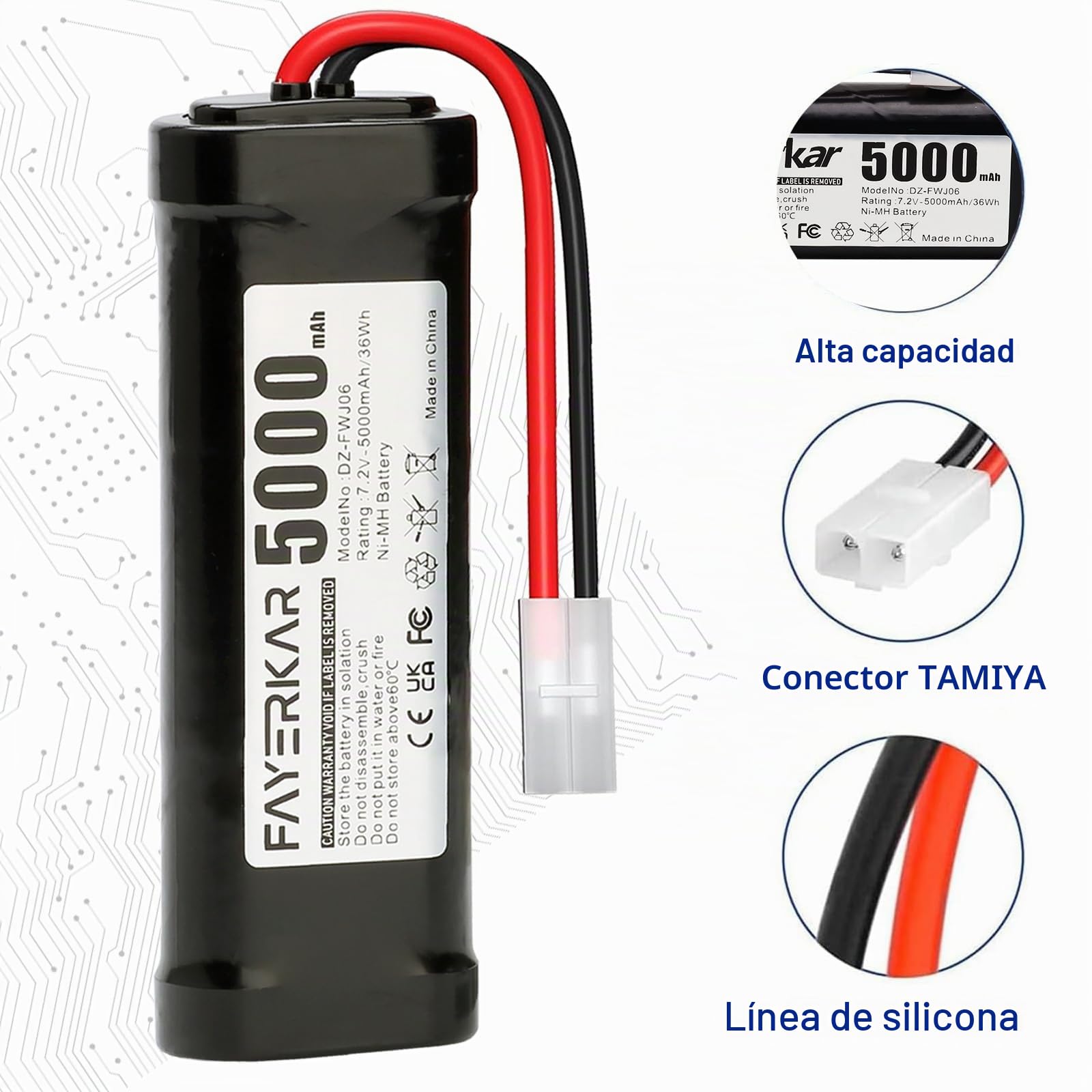 Batería Fayerkar de 7.2 V, 5000 mAh, NiMH, para vehículos de control remoto (coche RC, camión RC, auto RC, bote RC, helicóptero, LKW, Truggy) para aficiones RC