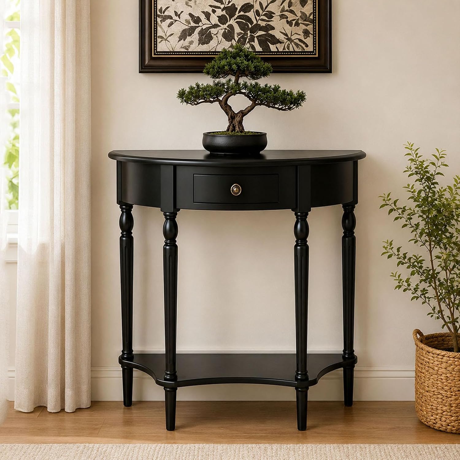 Half Moon Console Table with Drawer & Shelf, Half Round Wood Entryway Table, Narrow Small Console Table for Hallway, Foyer, Living Room & Small Spaces, （Dark Walnut 23.6IN）
