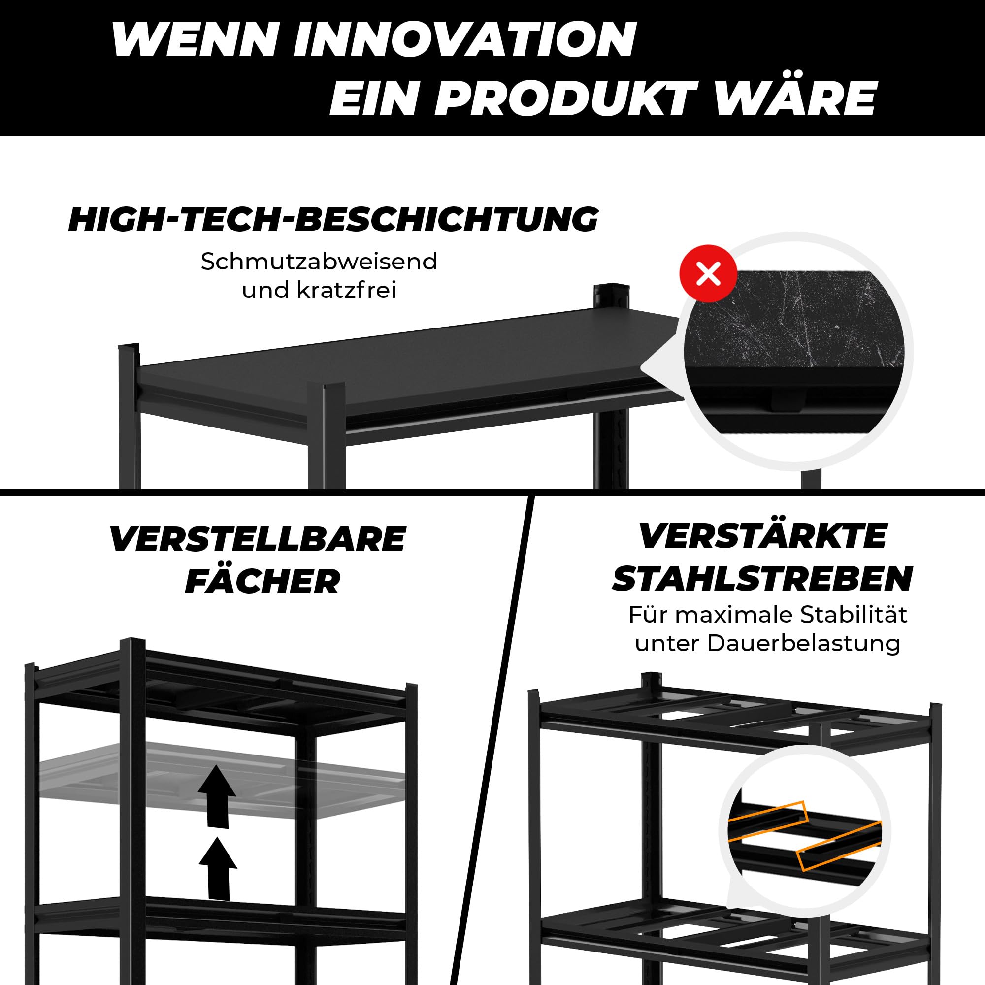 ALL Premium Metallregal Schwarz mit Schwerlastregal Metallböden 200x100x50cm - 1000kg Traglast 100% Kaltgewaltzer Stahl - Regal 100 cm Breit, Regal 50cm tief lagerregal Metall