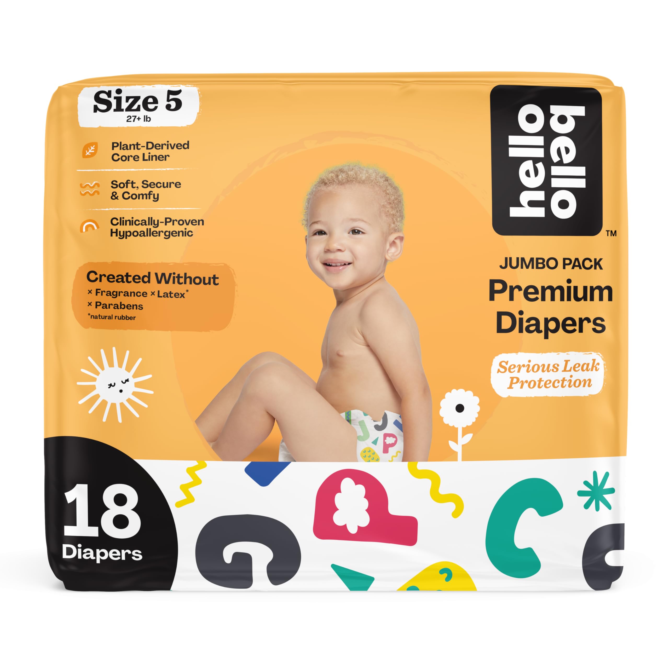 Hello Bello Premium Baby Diapers Size 5, 18 Count of Disposable, Extra-Absorbent, Hypoallergenic Baby Diapers with Snug and Comfort Fit, Alphabet Soup