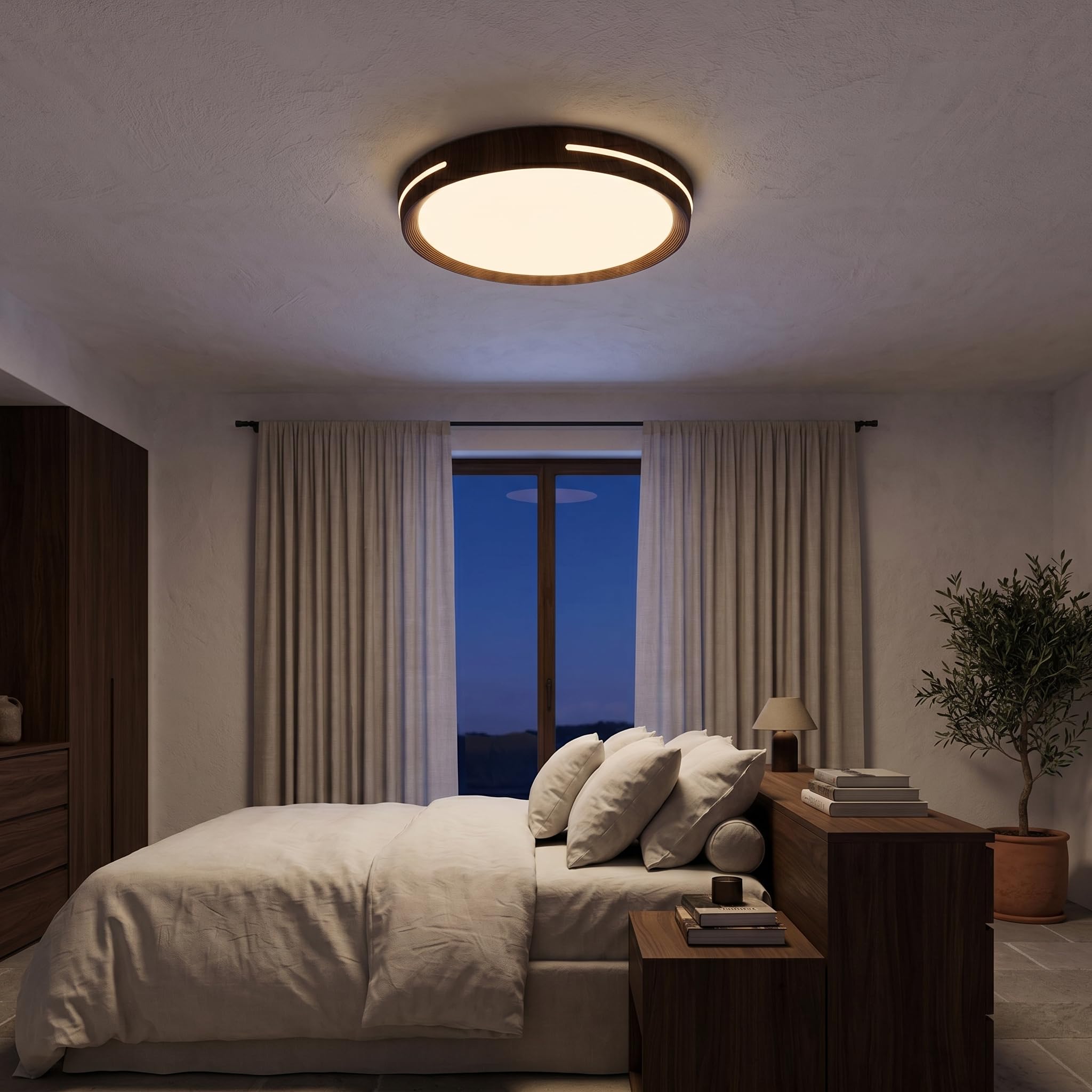 BARCELONA LED Plafón LED Techo 24W Ø40cm CCT Regulable 3000K-6000K, Diseño Madera Moderna con Efecto Luz Lateral, Lámpara Techo LED Redonda para Salón Dormitorio Cocina Oficina 2500lm