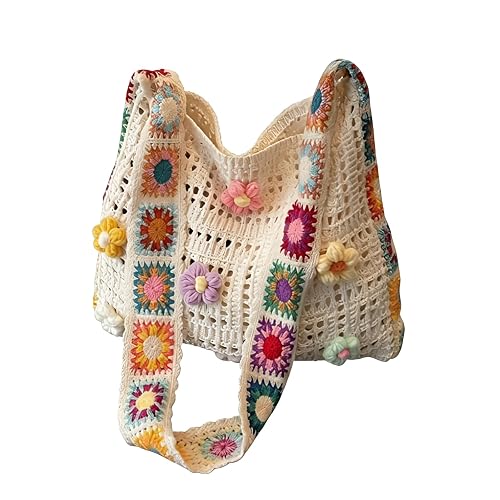 Crocheted Bag, Boho Crochet Beach Bag with Flower, Summer Beach
