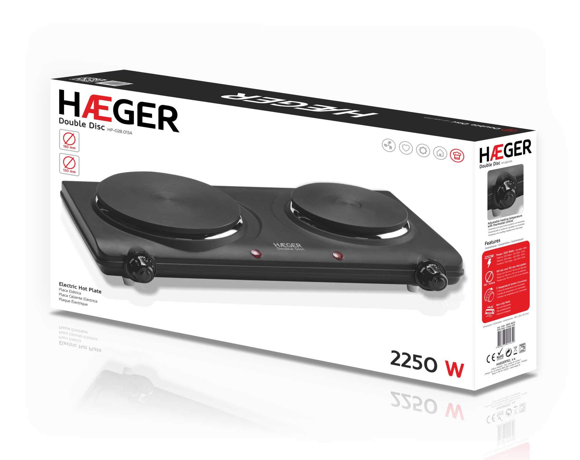 HAEGER DOUBLE DISC - Placa Eléctrica con 2250W de potencia, 165mm y 130mm de diámetro, sistema de seguridad con fusible termal, temperatura de la calefacción ajustable con 5 niveles