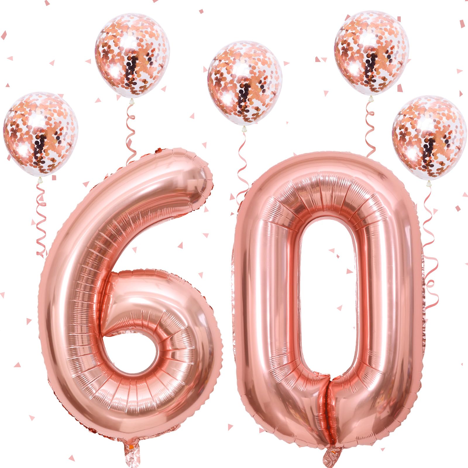 60th Birthday Number Balloons for Women, Giant 60 Number Balloons Foil with Rose Gold Confetti Balloons, 40 Inch Self Inflating Balloons for Girls 6th Birthday Party Anniversary Decor Supplies