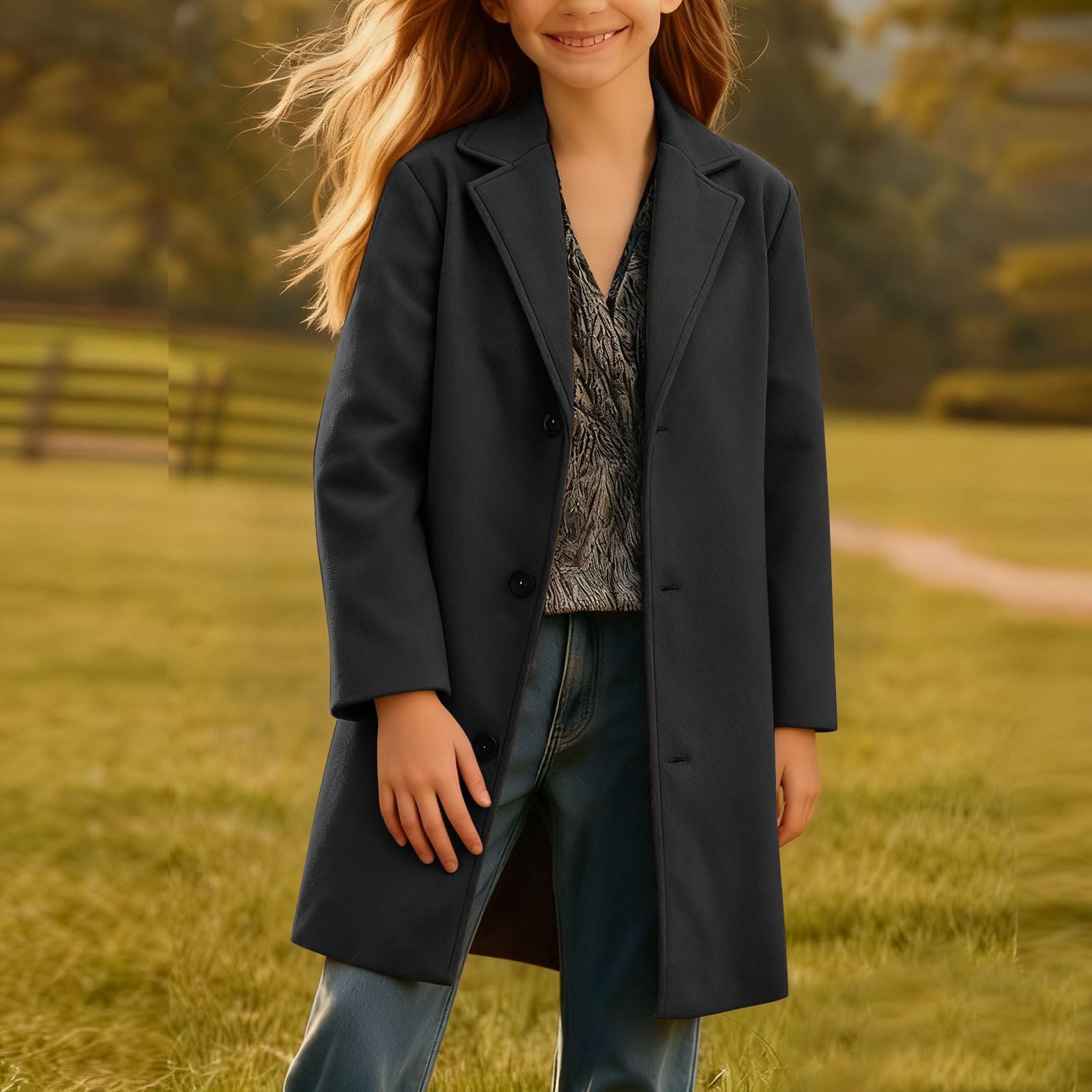 Gabardina de un solo pecho para niñas, con solapa de muesca, chaquetas largas de invierno para niños, cuello de solapa clásico, abrigo elegante, abrigo cálido