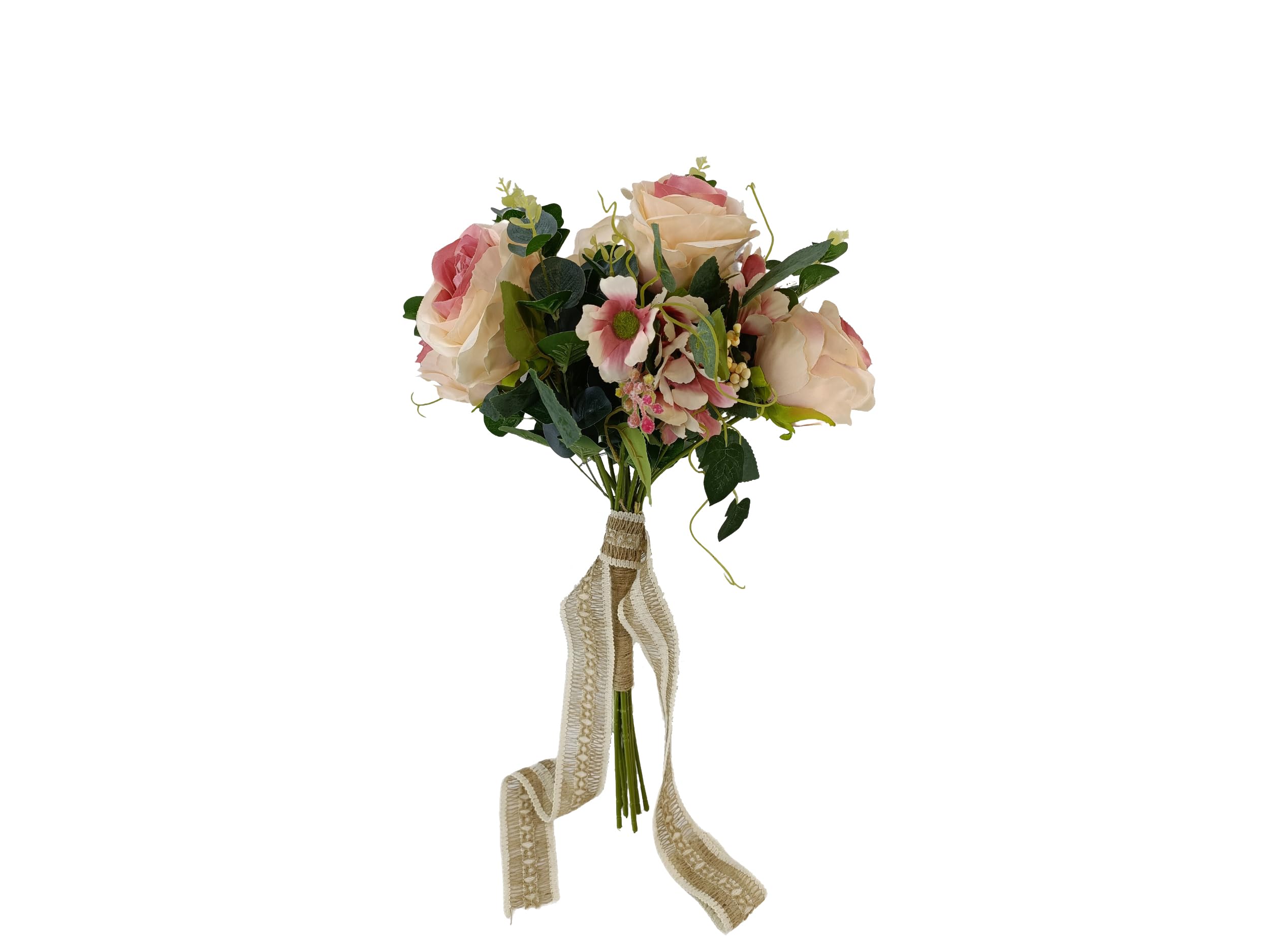 Bouquet de mariée rose artificiel sans flétrissement : roses et fleurs sauvages 56x32 cm