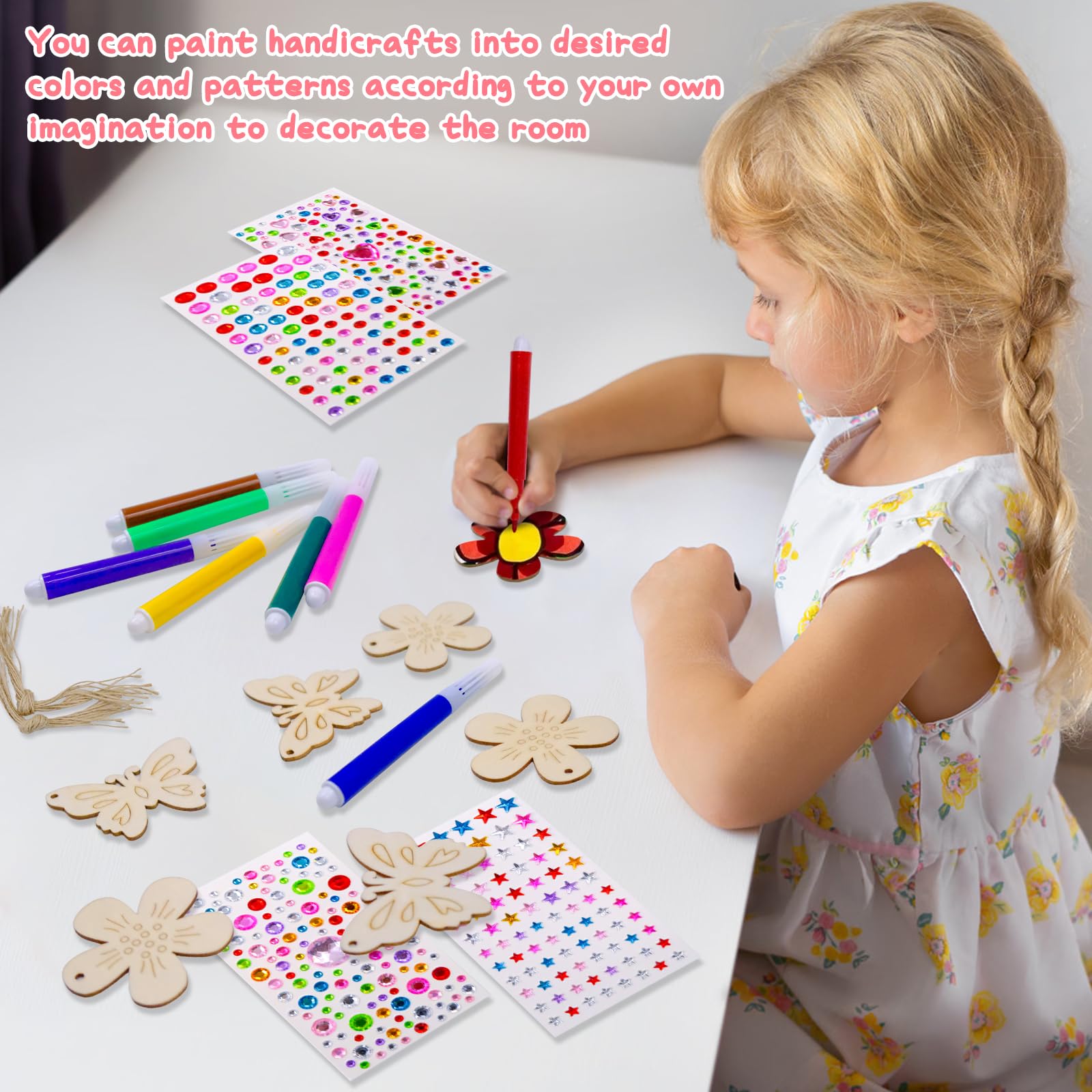 Kit Lavoretti Creativi Per Bambini 40 Pezzi - Decorazioni In Legno Da Dipingere (Farfalle, Fiori, Uccelli) Con Pennarelli E Adesivi