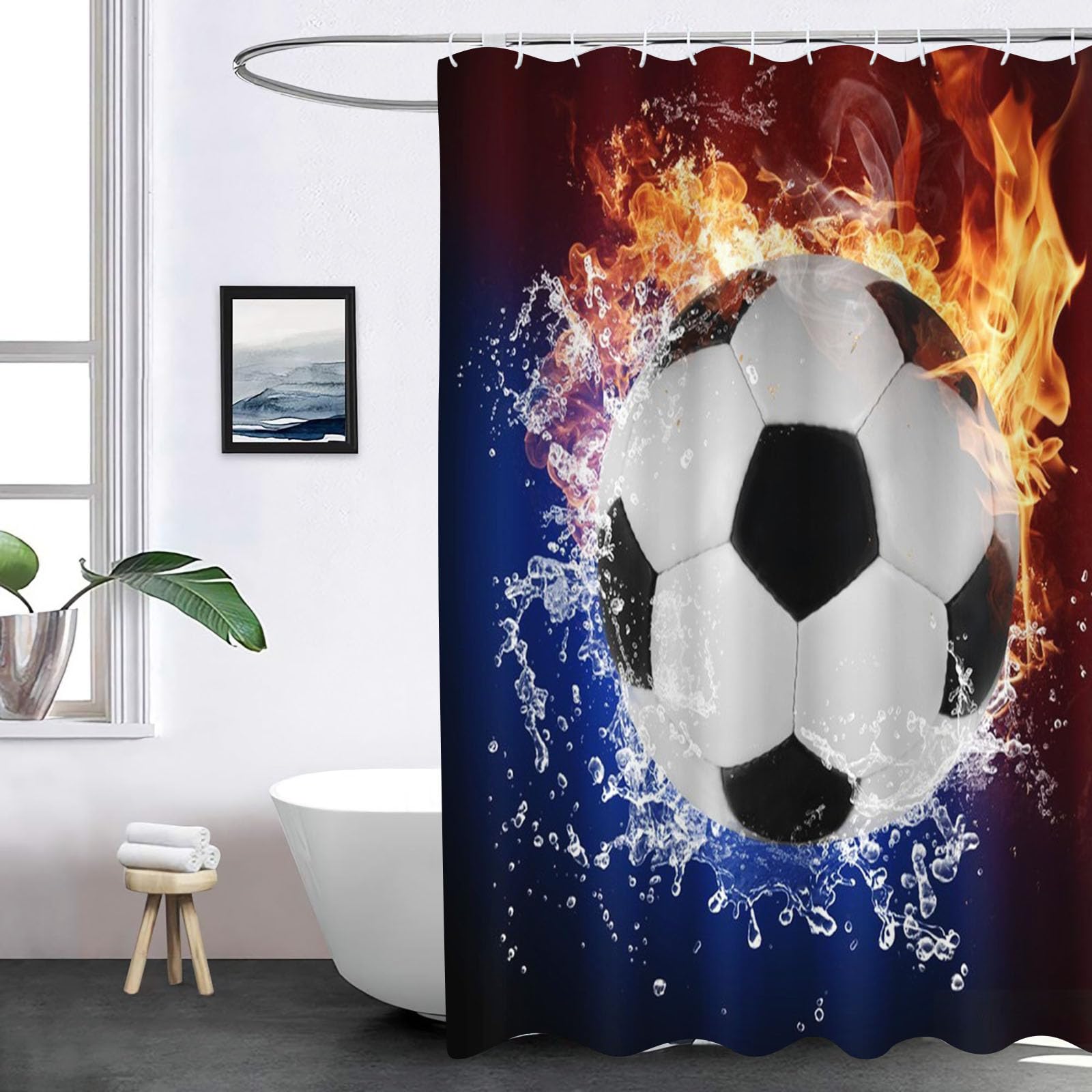 Fußball Duschvorhang 180x180 180x200 Sport Thema Fußball Duschvorhang Textil 3D Fußball Duschvorhänge Mit 12 Ringen Für Jungen, Kinder (1,180 x 200 cm)