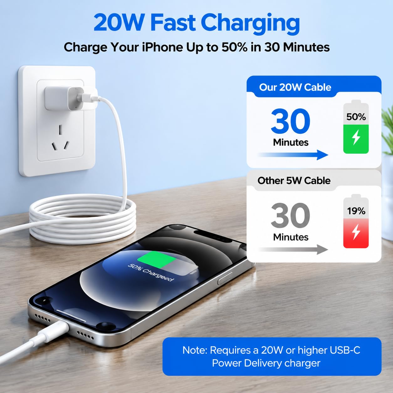 20ft USB C to Lightning Cable for iPhone, 20W Fast Charger Cord 2 Pack