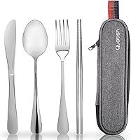 Quatish Travel Utensils with Case: Portable Stainless Steel Cutlery Set, Reusable Fork Spoon Knife Chopsticks for Camping, Work, Picnic - Silver