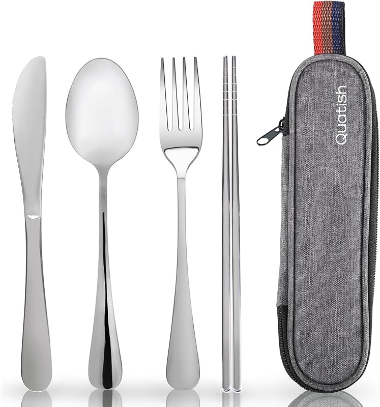 Travel Utensils with Case, Quatish Portable Silverware Set for Work, Stainless Steel Reusable Travel Cutlery, Fork and Spoon Set for Camping, Picnic, Gadgets, Lunch Box for Men, Christmas Gift, Silver