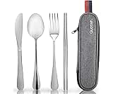 Travel Utensils with Case, Quatish Portable Silverware Set for Work, Stainless Steel Reusable Travel Cutlery Set, Fork and Spoon Set for Camping, EDC Gadgets, Lunch Box for Men, Silver