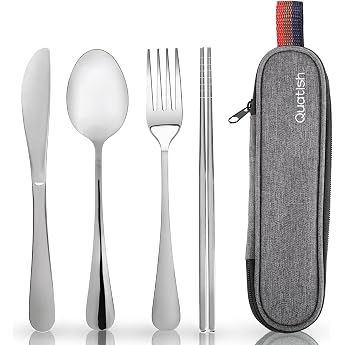 Quatish Camping Cutlery 5 Pieces Stainless Steel Travel Cutlery with Case Cutlery Set to Go Camping Cutlery for On the Go Outdoor Travel Work School Travel Gadgets Silver
