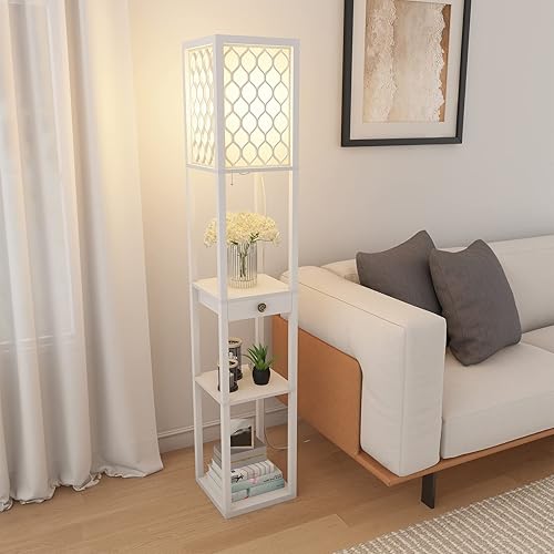 Miniatura 8 de Saudism Lámpara de pie con estantes, bombilla LED E27, lámpara de pie alta con control remoto, lámpara de lectura moderna con un cajón de