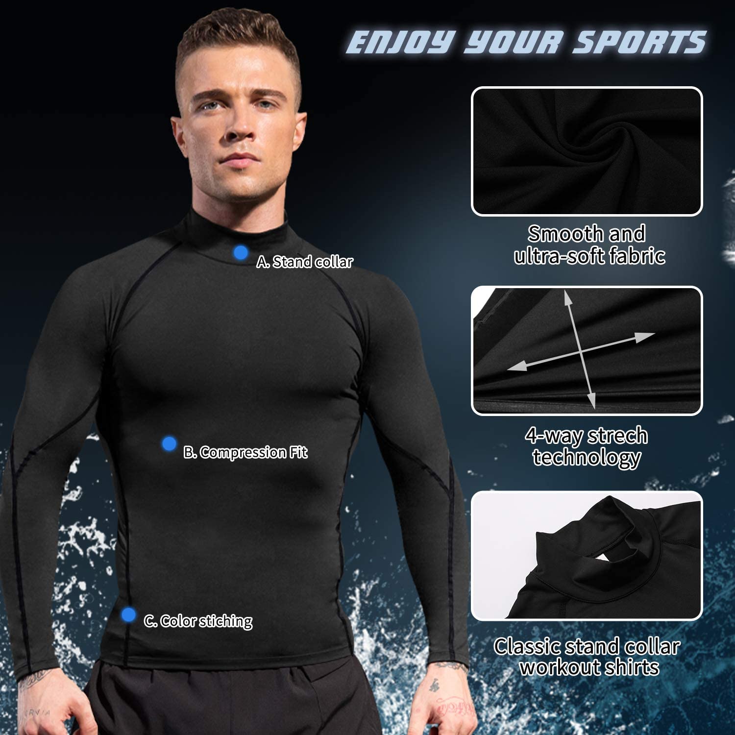 Yuerlian Top a compressione da uomo a maniche lunghe da corsa e palestra, ad asciugatura rapida, per sport, primo strato, allenamento, fitness, top a collo alto