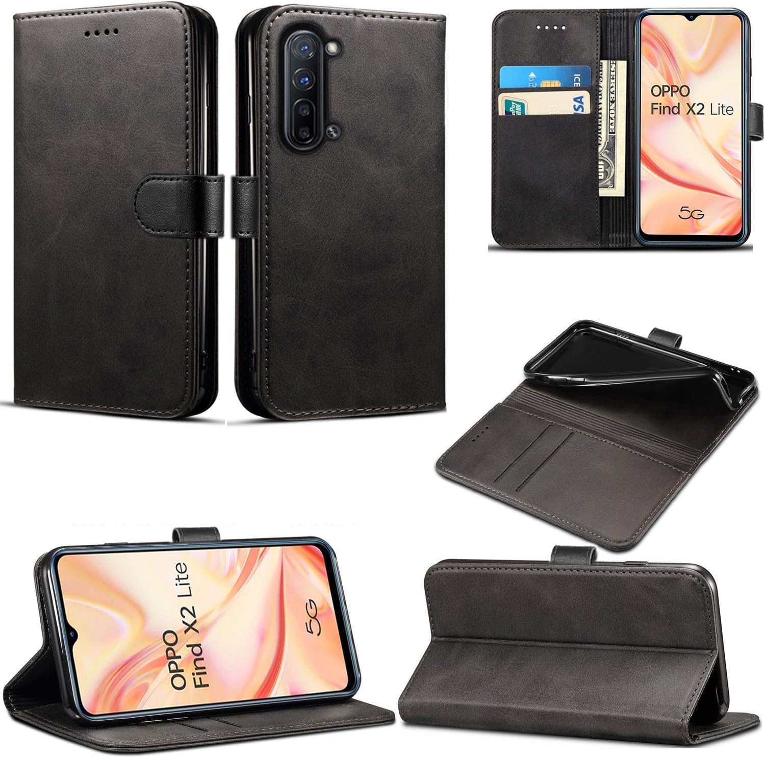 OPPO Find X2 Lite Case, Wallet Case Magnetic Flip Leather Cover With Card Slots and Stand Feature Compatible with OPPO Find X2 Lite (6.4 inch) (Black)