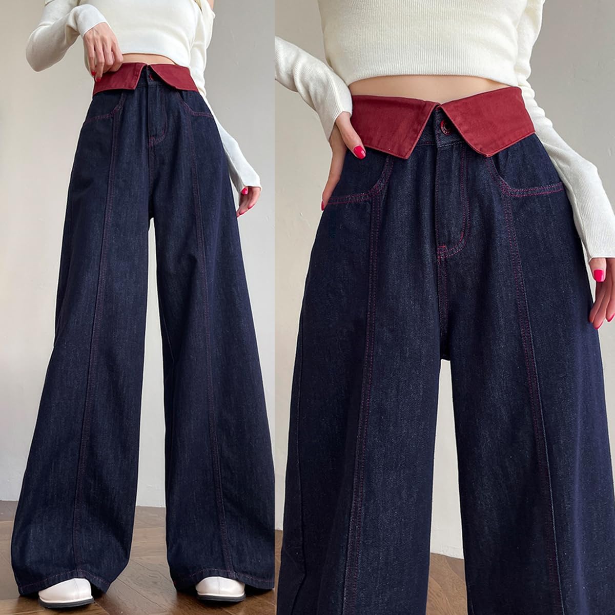 Fashion High Waist Women's Jeans Y2K Casual Baggy Wide Leg Neckline Style Waist Design Straight Jeans