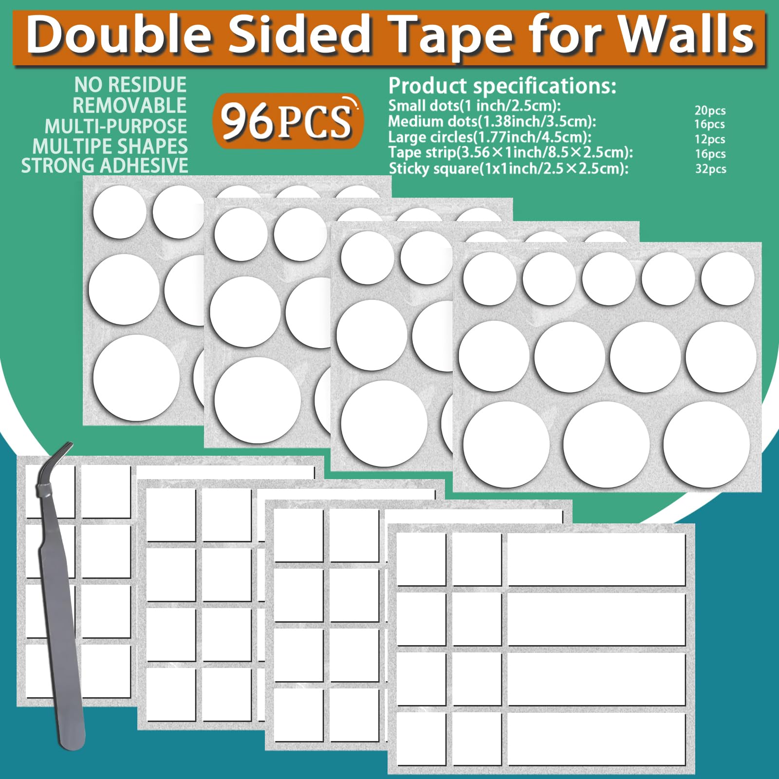 Double Sided Tape Heavy Duty, 96 Pieces/Set Nano Strips Removable Mounting Squares Adhesive Picture Hanging Mounting Tape, Clear Museum Putty for Craft DIY Art Office Supplier with Tweezers