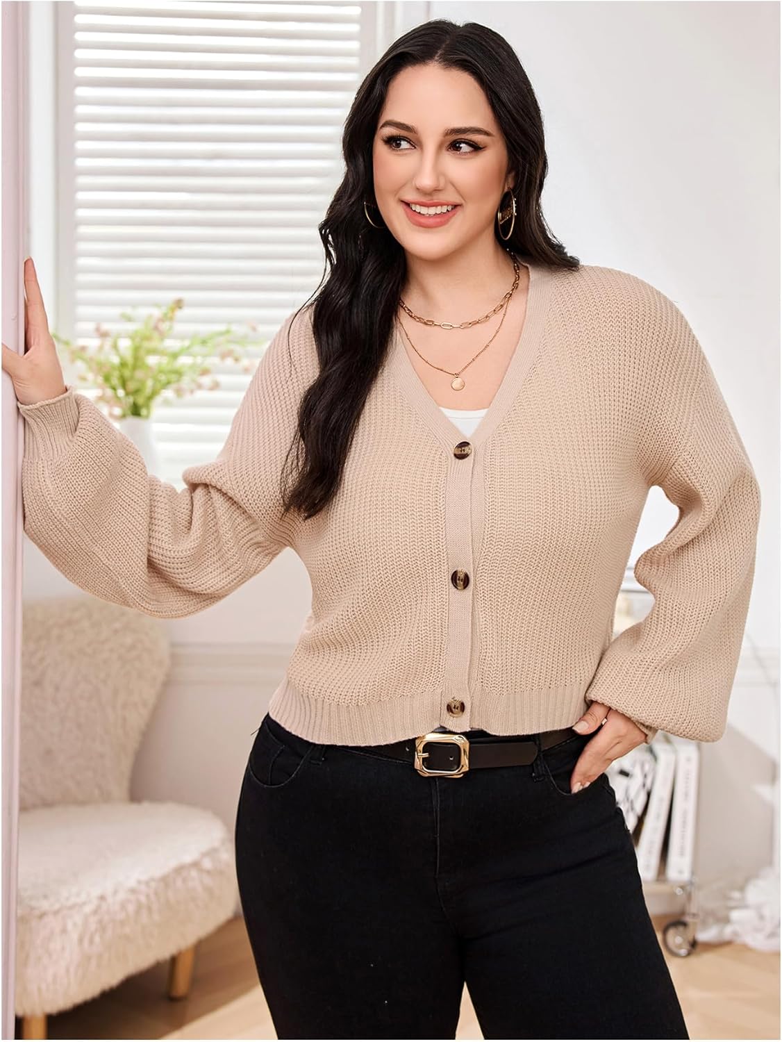 Floerns Women's Plus Size Button Down Cardigan Sweater V Neck Long Sleeve Knitwear - Image 4