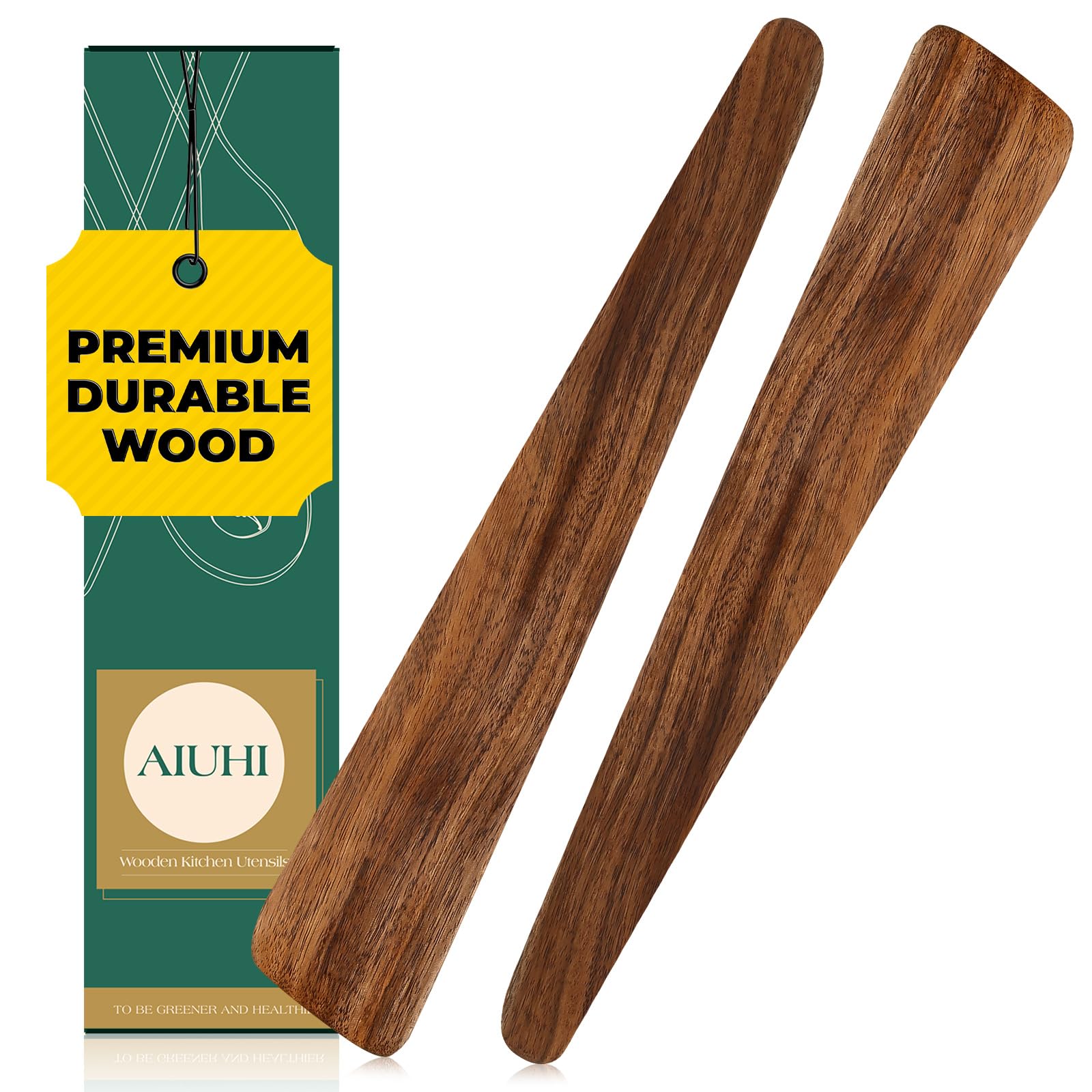 AIUHI Natural Teak Wood Spatula for Cooking, 12 Inches Flat Wooden Turner, Small Wood Flippers Handmade for Nonstick Cookware Turning Flipping Serving and Scraping. Set of 2