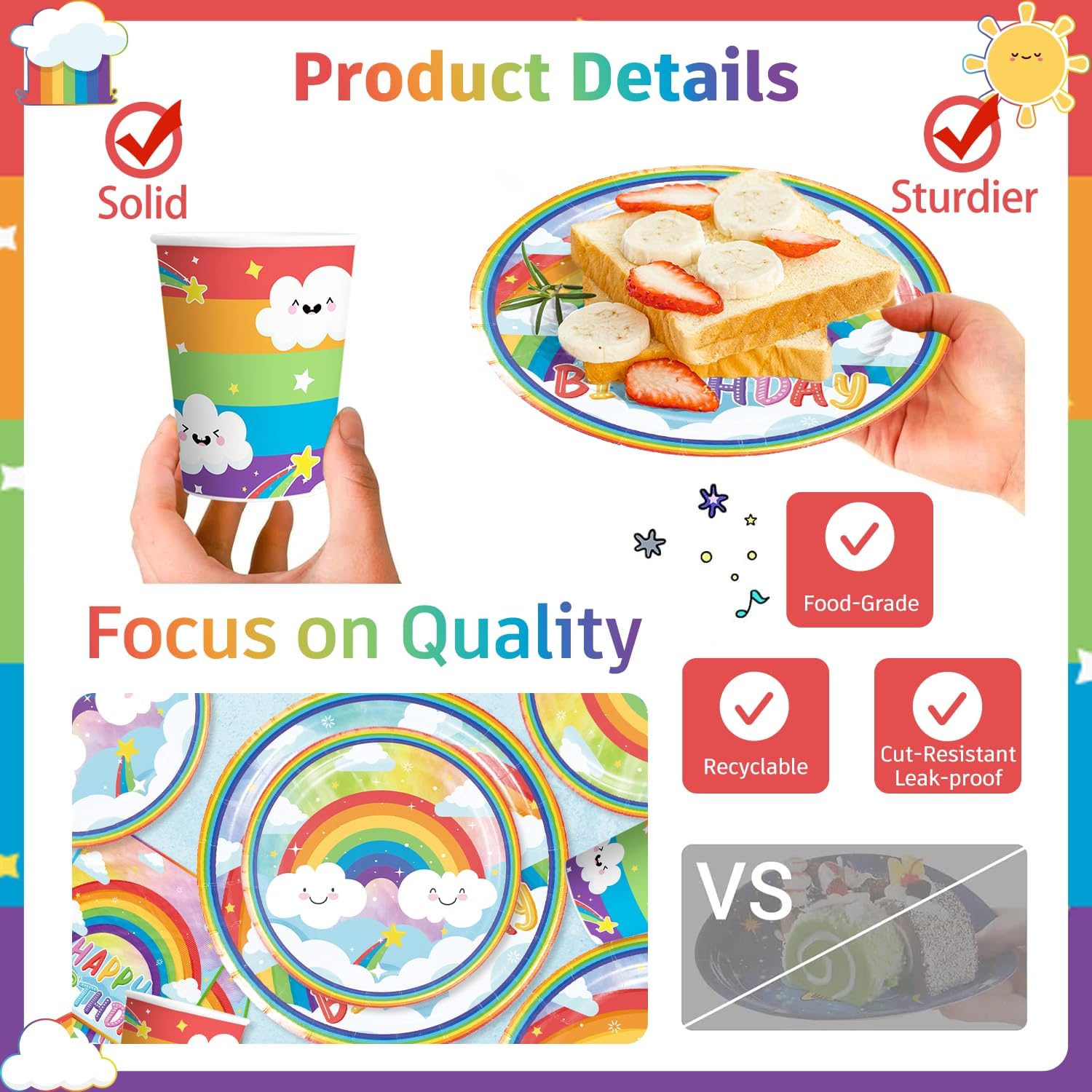 Cocomigo 179pcs Rainbow Birthday Decorations for Kids, Includes 300gsm Sturdy Plates and 2 Tablecloths Balloons Rainbow Happy Birthday Banner for Colorful Parties and Celebrations