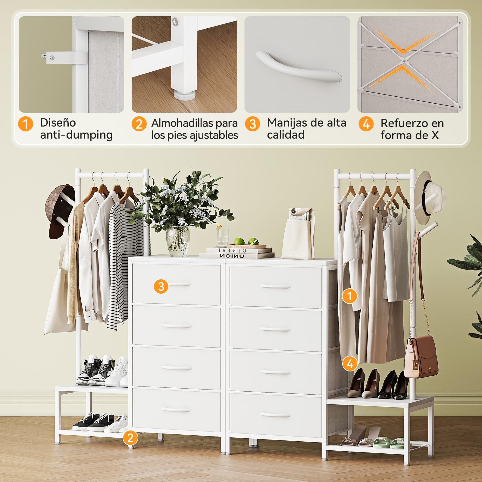 ODK Comoda Dormitorio 3 en 1, con Burro Ropa y 2 Ganchos para Abrigos, Zapatero de Doble Capa en la Parte Inferior, 4 Cajonera de Tela, Ideal para Dormitorio y Pasillo, Blanco