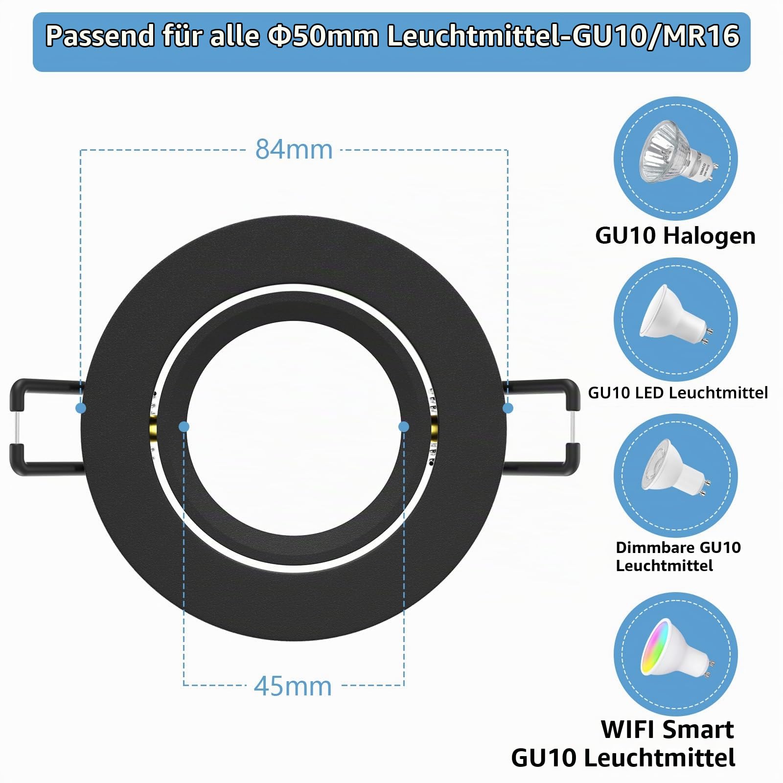 12er Einbaustrahler Rahmen Schwenkbar mit GU10 Fassung, Schwarz Einbaurahmen Aluminium Deckenspots, Rund Flach LED Spots Einbauspots Einbaustrahler 68mm lochmass für Decke 60-75mm 230V