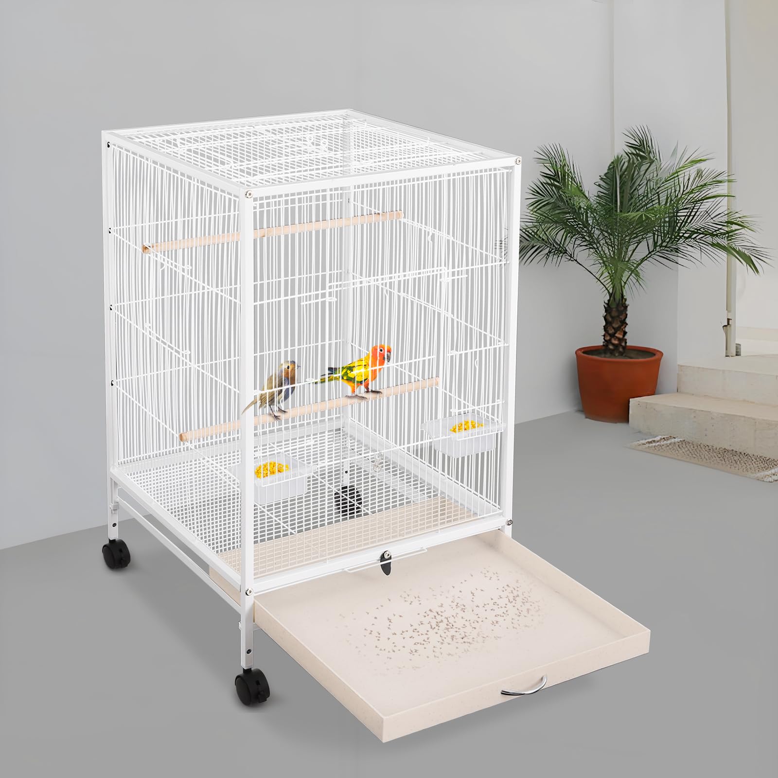 Jaula para pájaros, 46 x 46 x 94 cm, con ruedas y bandeja recolectora extraíble, estable jaula de hierro para loros, periquitos y periquitos, resistente a la corrosión, fácil de limpiar, buena