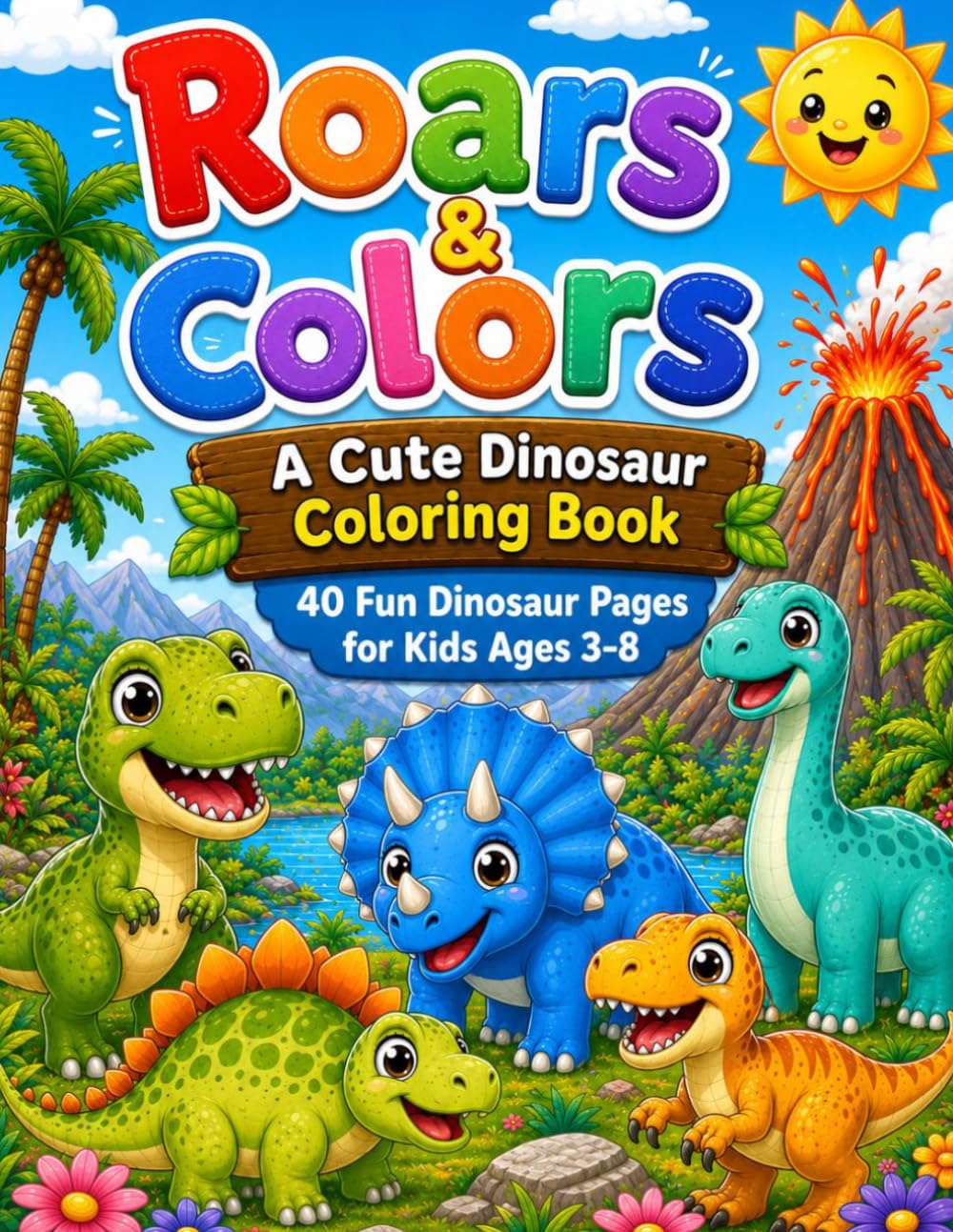 Roars & Colors: A Cute Dinosaur Coloring Book: 40 Fun Dinosaur Pages for Kids Ages 3-8