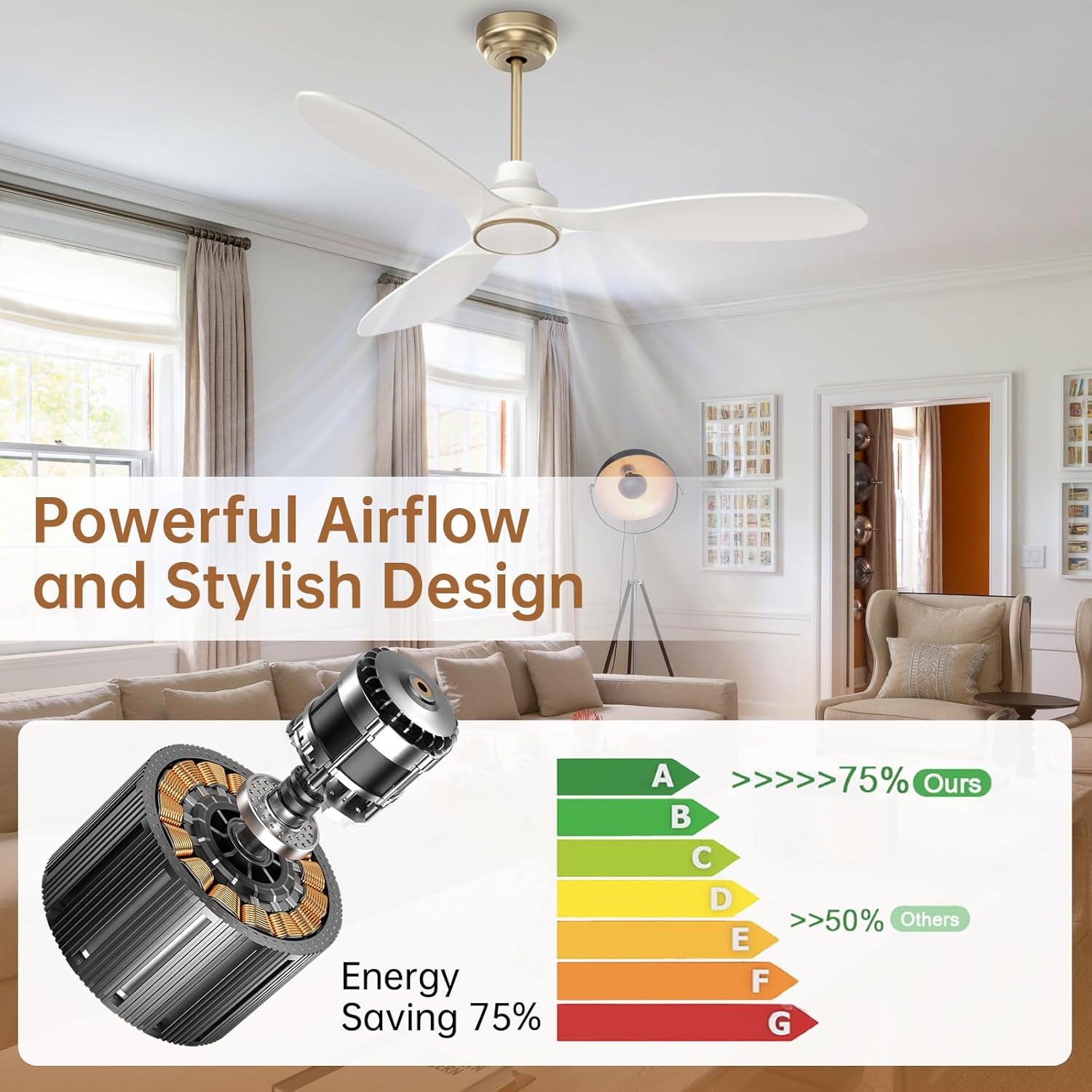 Ovlaim 52 Inch Ceiling Fans with Lights and Remote, Quiet DC Motor 3 Blade Indoor High CFM White Gold Modern Ceiling Fan for Bedroom Living Room