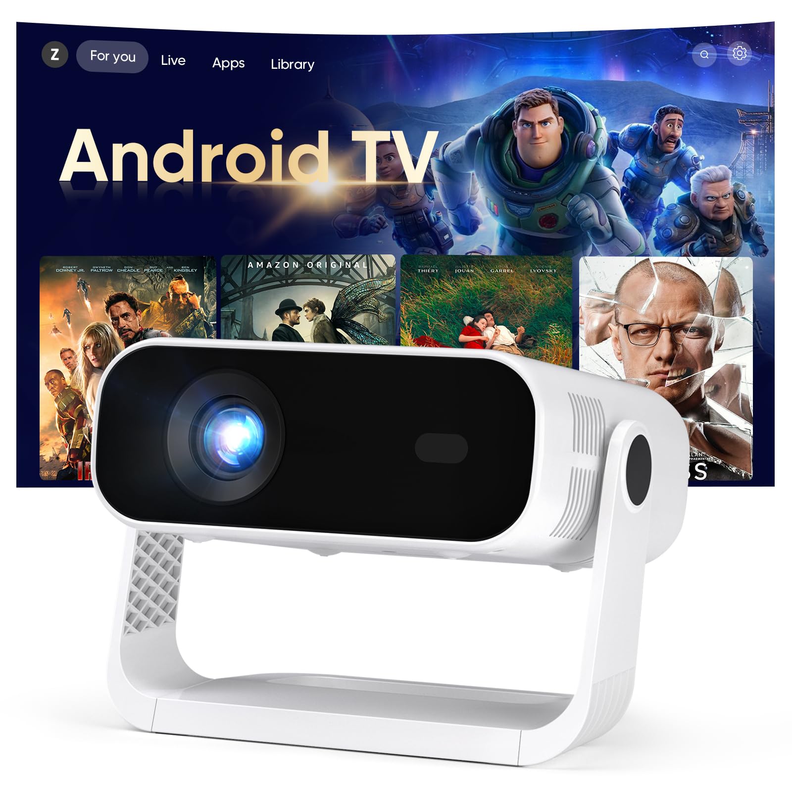 Mini Beamer Integrierte APP, Android 14, Full HD 1080P, unterstützt 4K-Decodierung, 5000 Lumens, Automatische Trapezkorrektur, WiFi6 & BT5.2 ，Beamer 4K Heimkino für Handy/HDMI/PC